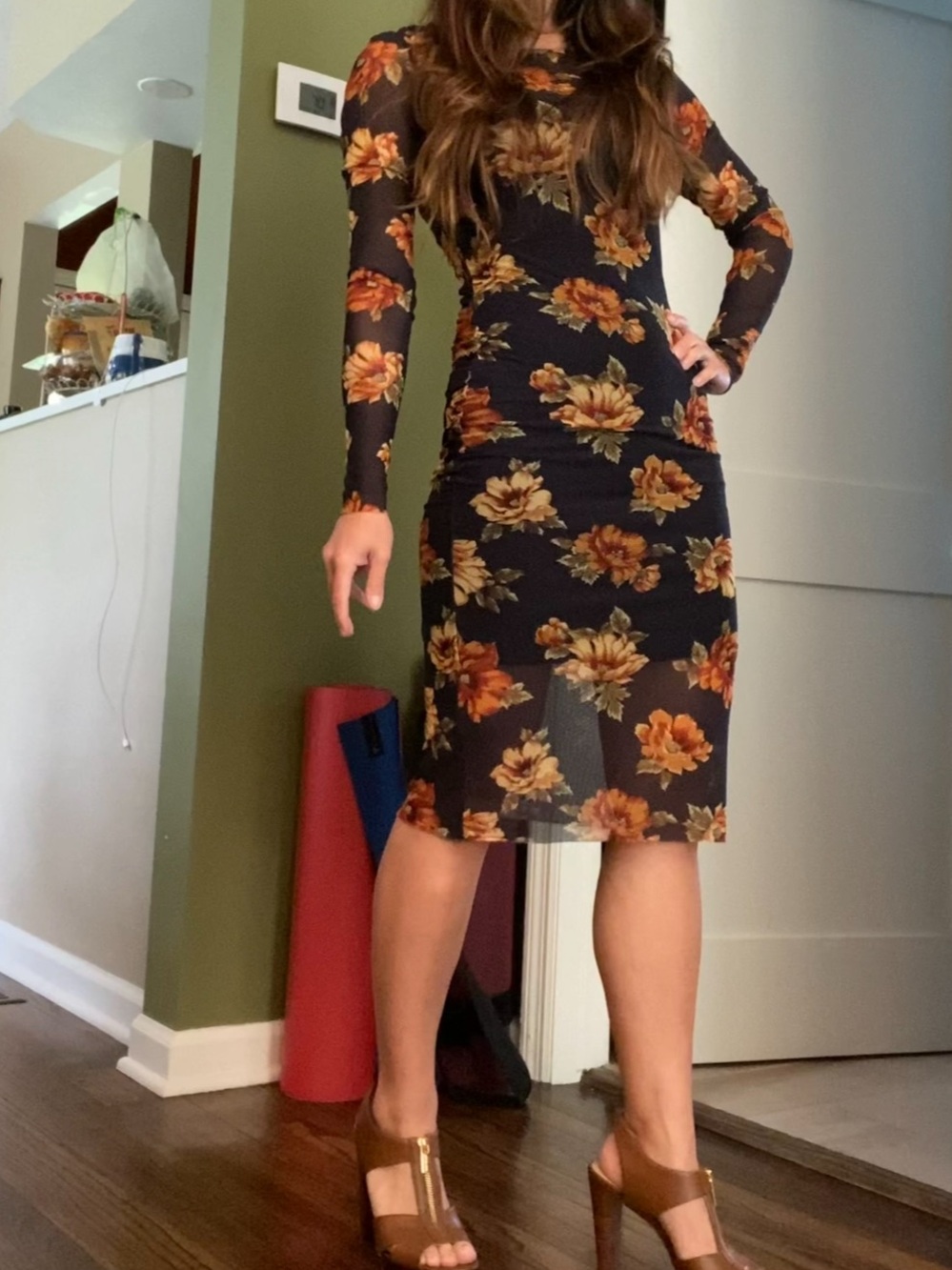 Forever 21 Mesh bodycon long sleeve navy blue floral print dress size small